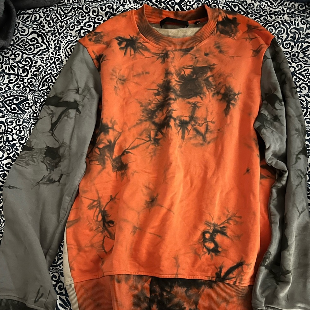 Helmut Lang Orange and Gray Tie-Dye Crewneck Sweater